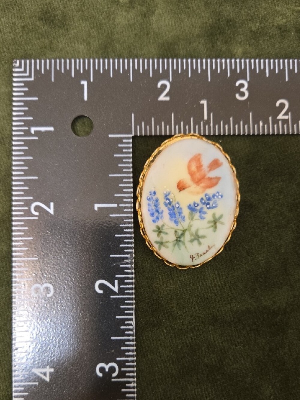 Vintage Porcelain Brooch with Blue Floral Sprigs and Orange Bird
